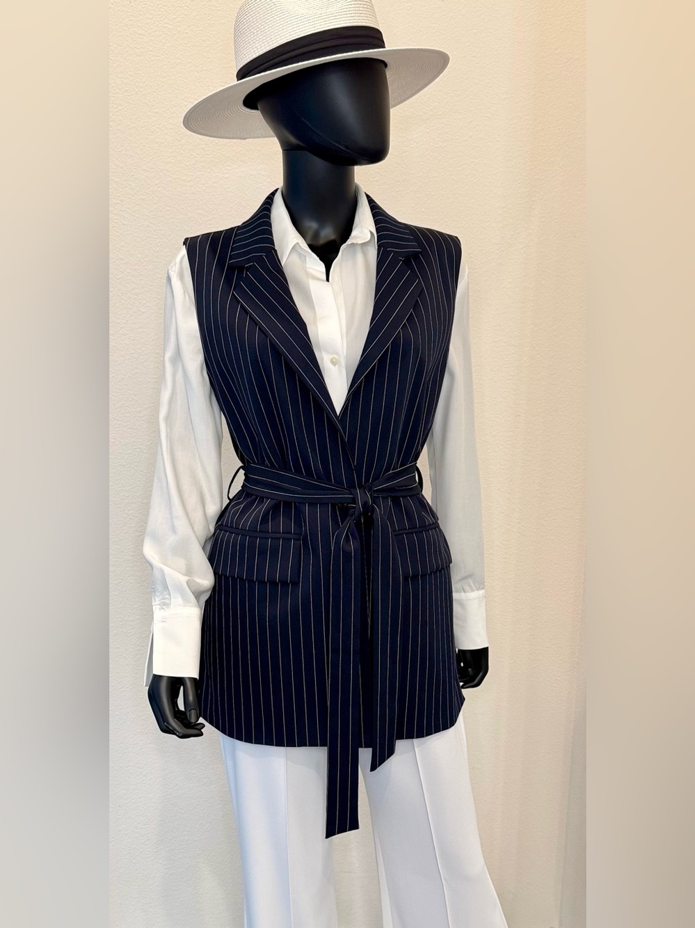 Mango Premium Sleeveless Navy Pinstripe Belted Blazer size M